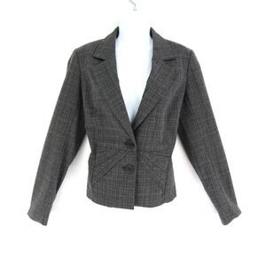 Tribal Gray Plaid Blazer Jacket Lined Women 6 Polyester Stretch Waist Two Button